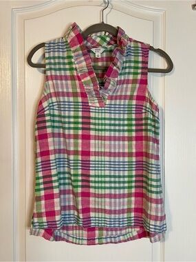 crown & ivy Pink, Green & Blue Plaid Ruffle V-Neck Sleeveless LinenTop